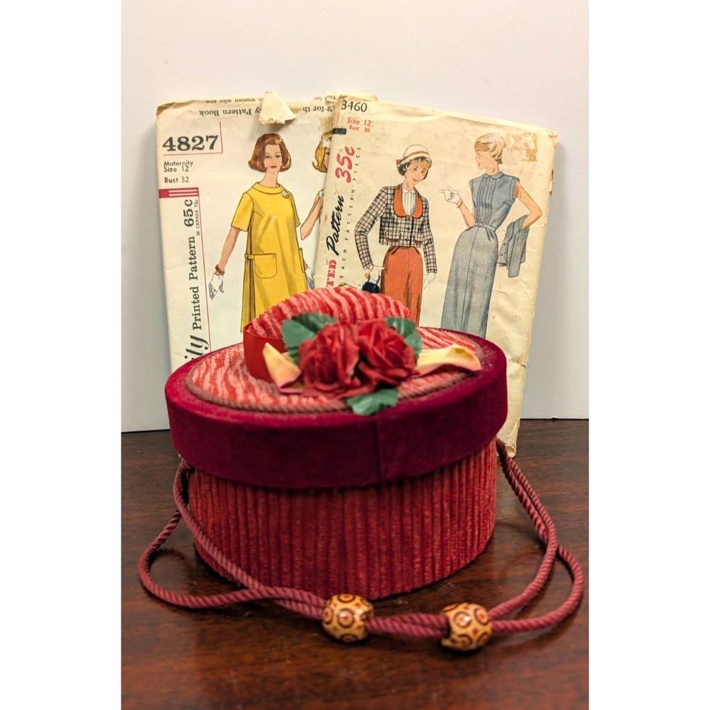 Vintage Style Hat Shaped Sewing Basket Red Velvet Corduroy Rose Trim w/ Notions